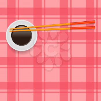 Soy Sauce and Traditional Colored Asian Chopsticks for Food on Red Square Background.