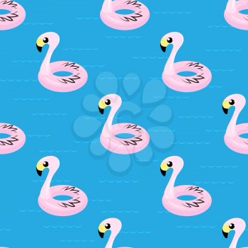 Inflatable Pink Flamingo Toy Seamless Pattern Isolated on Blue Background. Swimming Pool Ring for Kids. Rubber Tropical Bird Shape.