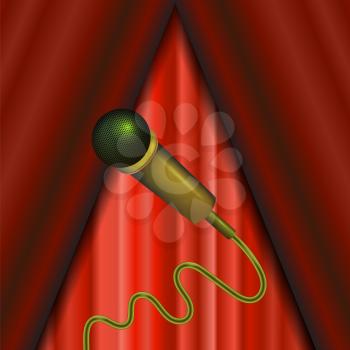 Retro Gold Microphone Icon Isolated on Red Curtain Background.