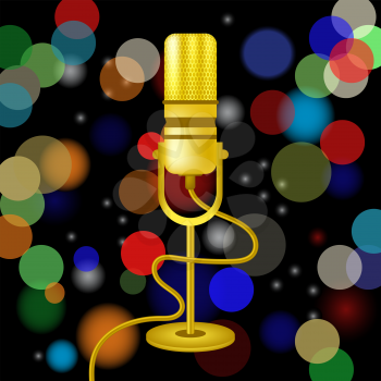 Retro Gold Microphone Icon Isolated on Blurred Colored Lights Background.