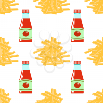 Yellow French Fries and Ketchup Texture. Fry Potato Chips Seamless Pattern on White Background. Slices of Tasty Vegetable. Fast Food Snack. Organic Food. 3d Illustration.