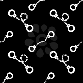 White Metal Handcuffs Seamless Pattern Isolated on Black Background.