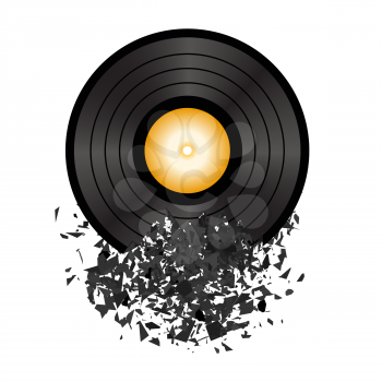 Retro Vinyl Disc Isolated on White Background. Damaged Musical Symbol. Plastic Explode with a lot of Patrts. Explosion with Particles.