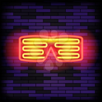 Neon Glasses on Blue Brick Background. Stylish Gadget for Night Club.