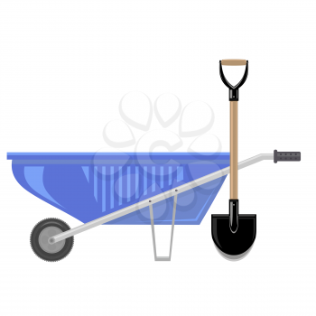 Blue Wheelbarrow and Garden Shovel Isolated on White Background.