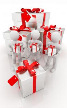 3d mans and gifts with red ribbon on a white background 