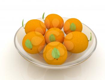Oranges with leaves on a white background