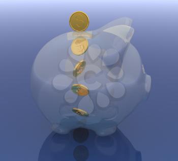 Glass piggy bank on reflection blue gradient background