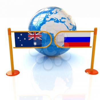 Three-dimensional image of the turnstile and flags of Russia and Australia on a white background 