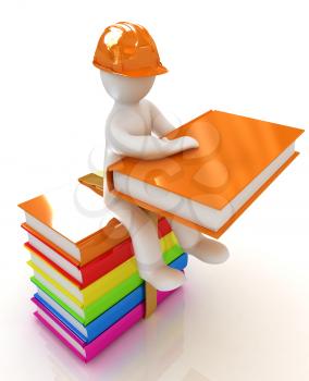 3d man in a hard hat with book sits on the colorful books on a white background