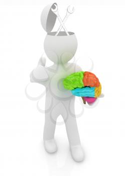 3d people - man with half head, brain and trumb up. Service concept with wrench