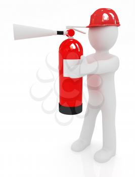 3d man in hardhat with red fire extinguisher on a white background