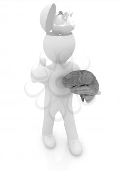 3d people - man with half head, brain and trumb up. Saving concept with piggy bank 