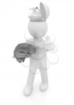 3d people - man with half head, brain and trumb up. Saving concept with piggy bank 