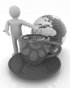 3d people - man, person presenting - Mug of coffee with milk. Global concept with Earth