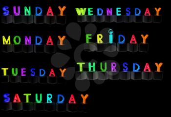 Set of 3d colorful cubes with white letters - days of the week on a white background
