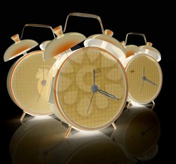 3d illustration of glossy alarm clocks against white background 