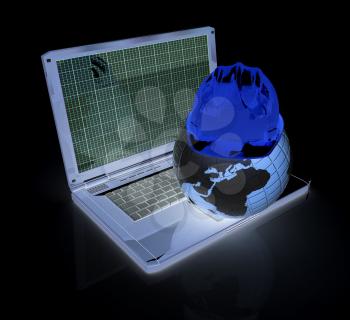 Hard hat and earth on a laptop on a white background
