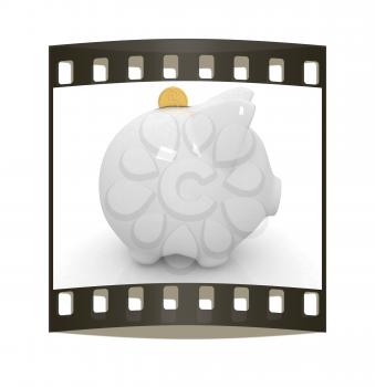 glass piggy bank and falling coins on white background. The film strip