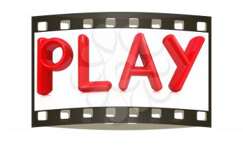 3d text PLAY on a white background. The film strip