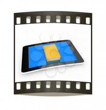 tablet pc and book on white background. The film strip