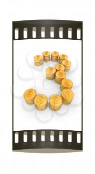 the number three of gold coins with dollar sign on a white background. The film strip