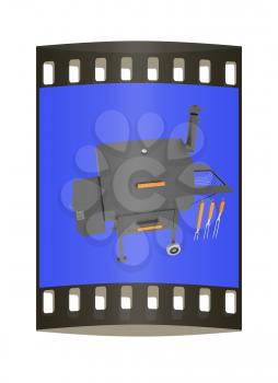 oven barbecue grill on a blue background. The film strip
