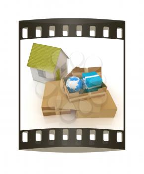 Cardboard boxes, gifts, earth and houses on a white background. The film strip