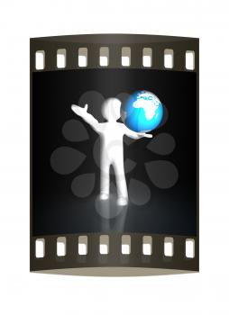 3d man holding a glowing earth. The film strip