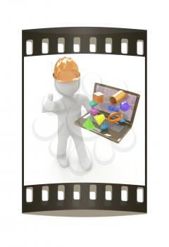 3D small people - an engineer with the laptop presents 3D capabilities on a white background. The film strip