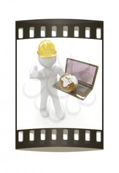 3D small people - an international engineer with the laptop and earth on a white background. The film strip