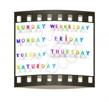 Set of 3d colorful cubes with white letters - days of the week on a white background. The film strip