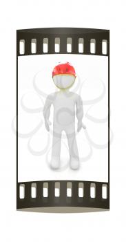 3d man in bicycle helmet on a white background. The film strip