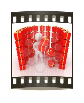 на белом фоне 3d man and red gifts with gold ribbon on a white background. The film strip