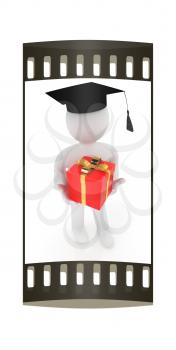 3d man in graduation hat with gift. The film strip