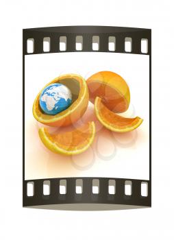 Earth and orange fruit on white background. Creative conceptual image. The film strip