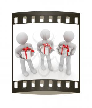 3d mans and gift with red ribbon on a white background. The film strip