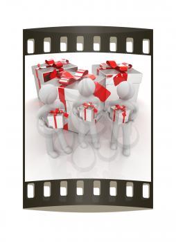3d mans and gifts with red ribbon on a white background. The film strip