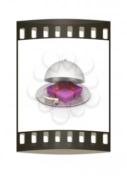 Illustration of a luxury gift on restaurant cloche on a white background. The film strip