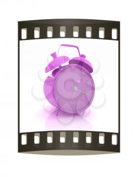 3d illustration of glossy purple alarm clock against white background. The film strip