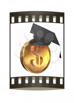 Graduation hat on gold dollar coin. The film strip