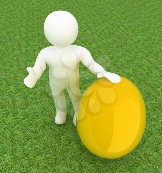3d small person holds the big Easter egg in a hand. 3d image. On green grass