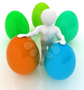 3d small person holds the big Easter egg in a hand. 3d image. 