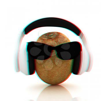 kiwi with sun glass and headphones front face on a white background. 3D illustration. Anaglyph. View with red/cyan glasses to see in 3D.