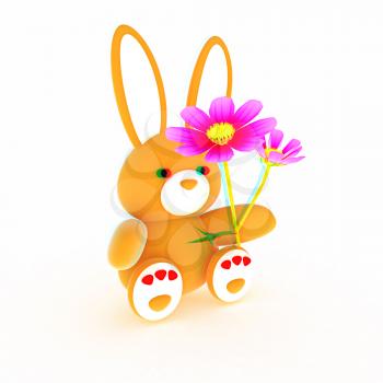 soft toy hare with a little red hearts on white paws and cosmos flower on a white background. 3D illustration. Anaglyph. View with red/cyan glasses to see in 3D.