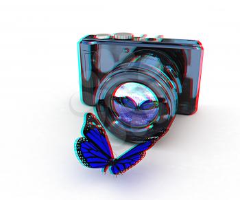 3d illustration of photographic camera and butterfly on white background. 3D illustration. Anaglyph. View with red/cyan glasses to see in 3D.