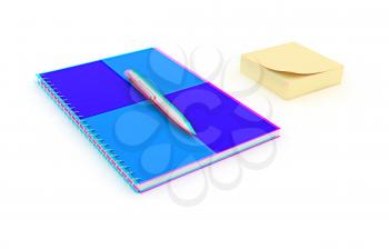 notepad with pen on a white. 3D illustration. Anaglyph. View with red/cyan glasses to see in 3D.