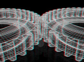 3d model gears  set on black background. 3D illustration. Anaglyph. View with red/cyan glasses to see in 3D.