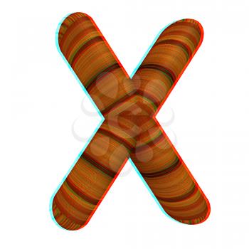 Wooden Alphabet. Letter X on a white background. 3D illustration. Anaglyph. View with red/cyan glasses to see in 3D.