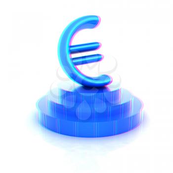 Euro sign on podium. 3D icon on white background (high details and quality of the rendering). 3D illustration. Anaglyph. View with red/cyan glasses to see in 3D.
